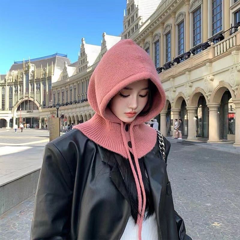 Cappelli con cappuccio in maglia, passamontagna invernali, cappelli da donna, stile coreano, caldi all'aperto, cappelli con coulisse, berretti con collo monopezzo