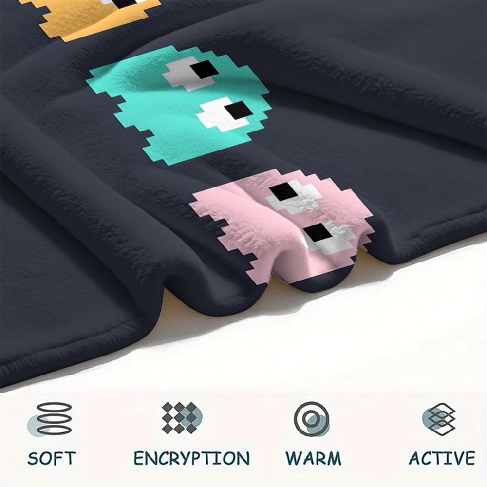 1PC Pac Man Print Flannel Blanket, High Quality Comfortable for All Seasons, Home Decor, Warmth and Comfort, Perfect for Christmas Gifts