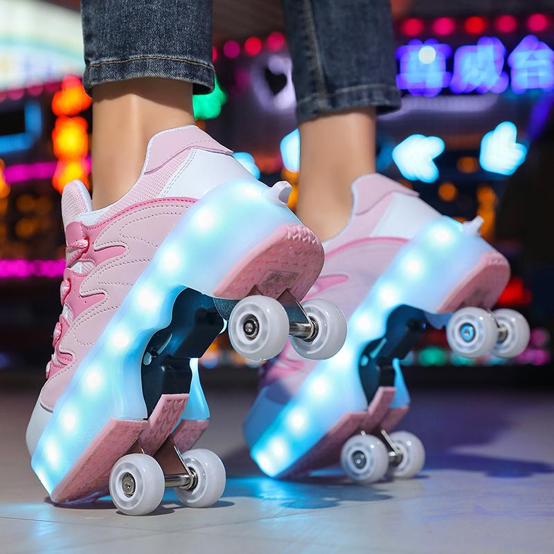 Kids Roller Roller Shoes 4-wheel Deformation Shoes Roller Skates Adult Rechargeable LuminousSkating Shoes