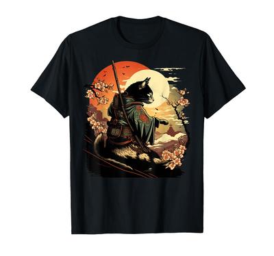 Japanische Kunstkatze Ninja Anime Stil Samurai Katze Ukiyo-e T-Shirt