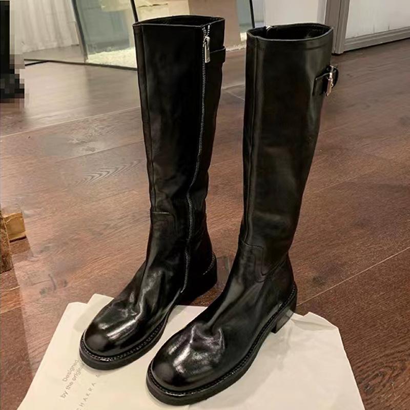 Grape mother autumn and winter washed inside and outside full horse leather thick-soled medium tube knight boots side zipper belt buckle high