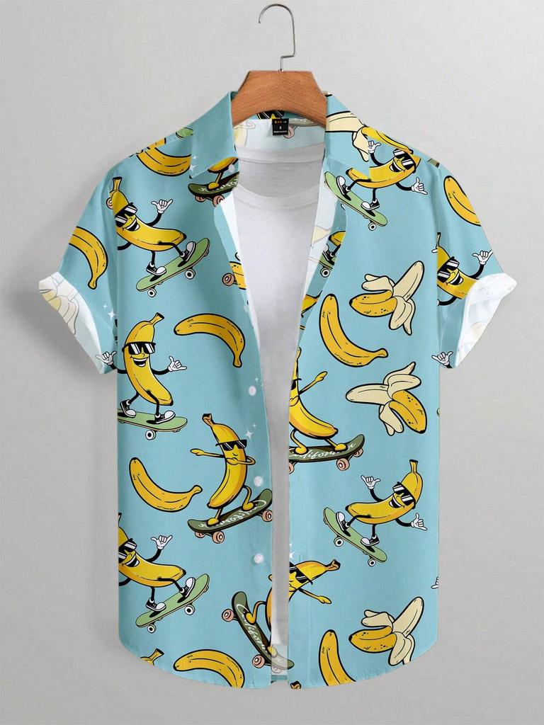 Herrenhemd Revers Partyhemd Herren Freizeit Street Kurzarm Sommer Neue Mode Banane Animationsdruck Oberteile Herrenbekleidung