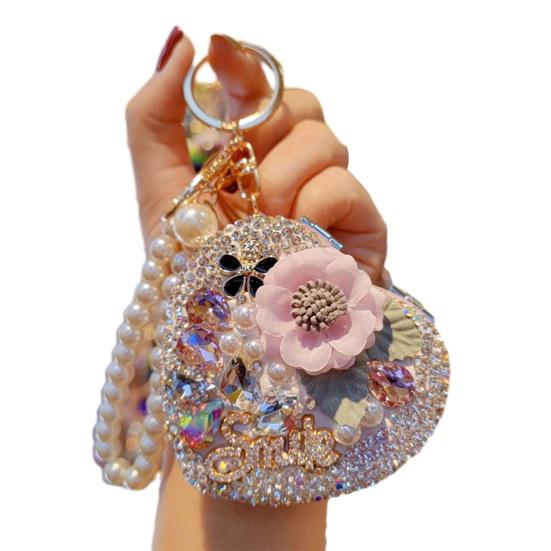 Folding Mirror Keychain Women Portable Makeup Mirror Rhinestone Faux Pearl Chain Sparkling Mirror Pendant for Touch-Ups Handbag
