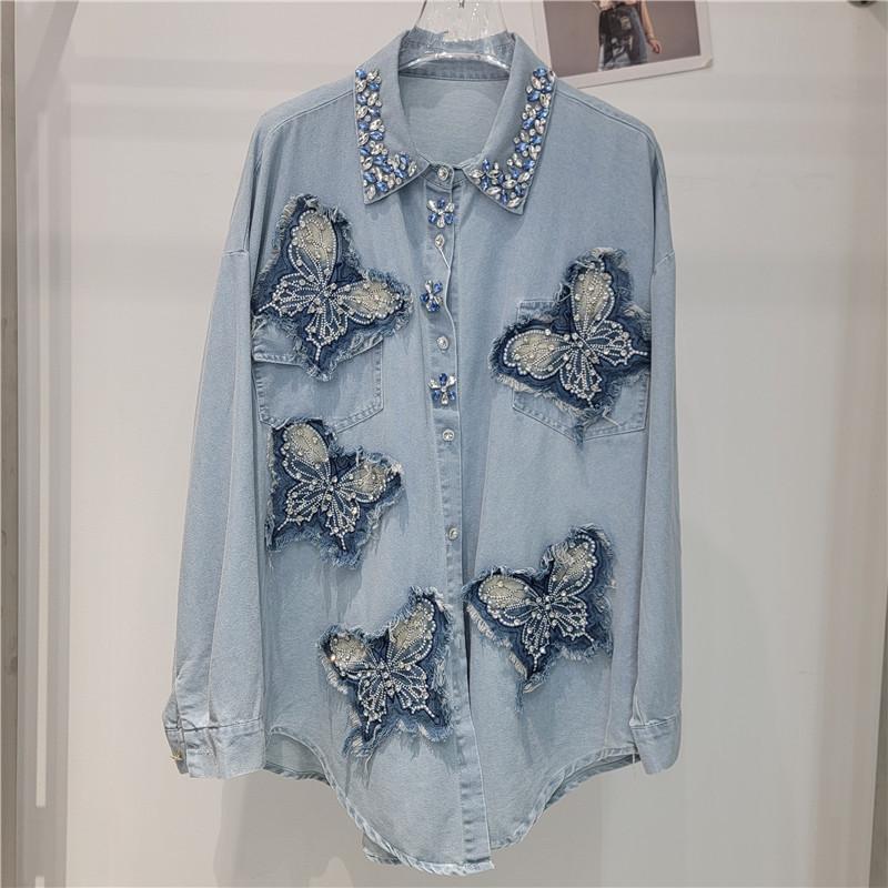 Heavy-duty beaded diamond-embellished denim shirt for women, butterfly embroidery rhinestone-studded versatile lapel loose mid-length top trendy One size fits all синий
