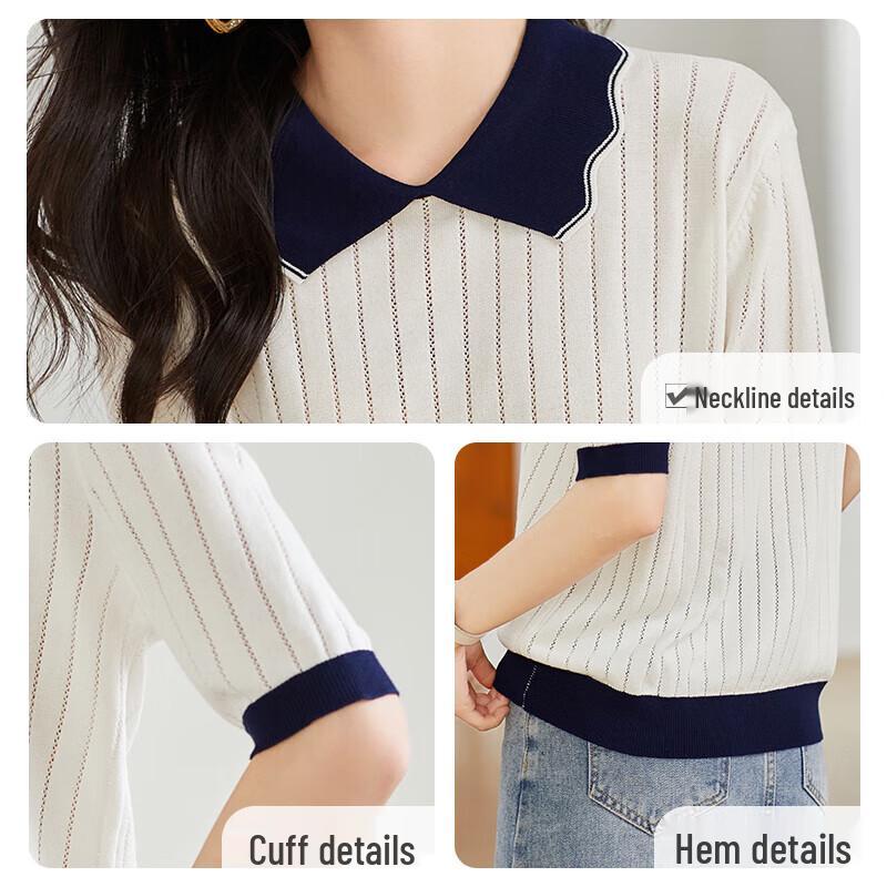Women's Doll Collar Color Block Knit Short Sleeve T-Shirt