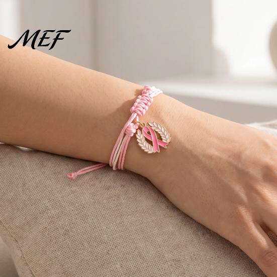 Soft Multi Strand Rope Bracelet Breast Cancer Awareness for Women, Adjustable Woven String with Bracelets Ribbon Charm, Handmade Braided Wristband