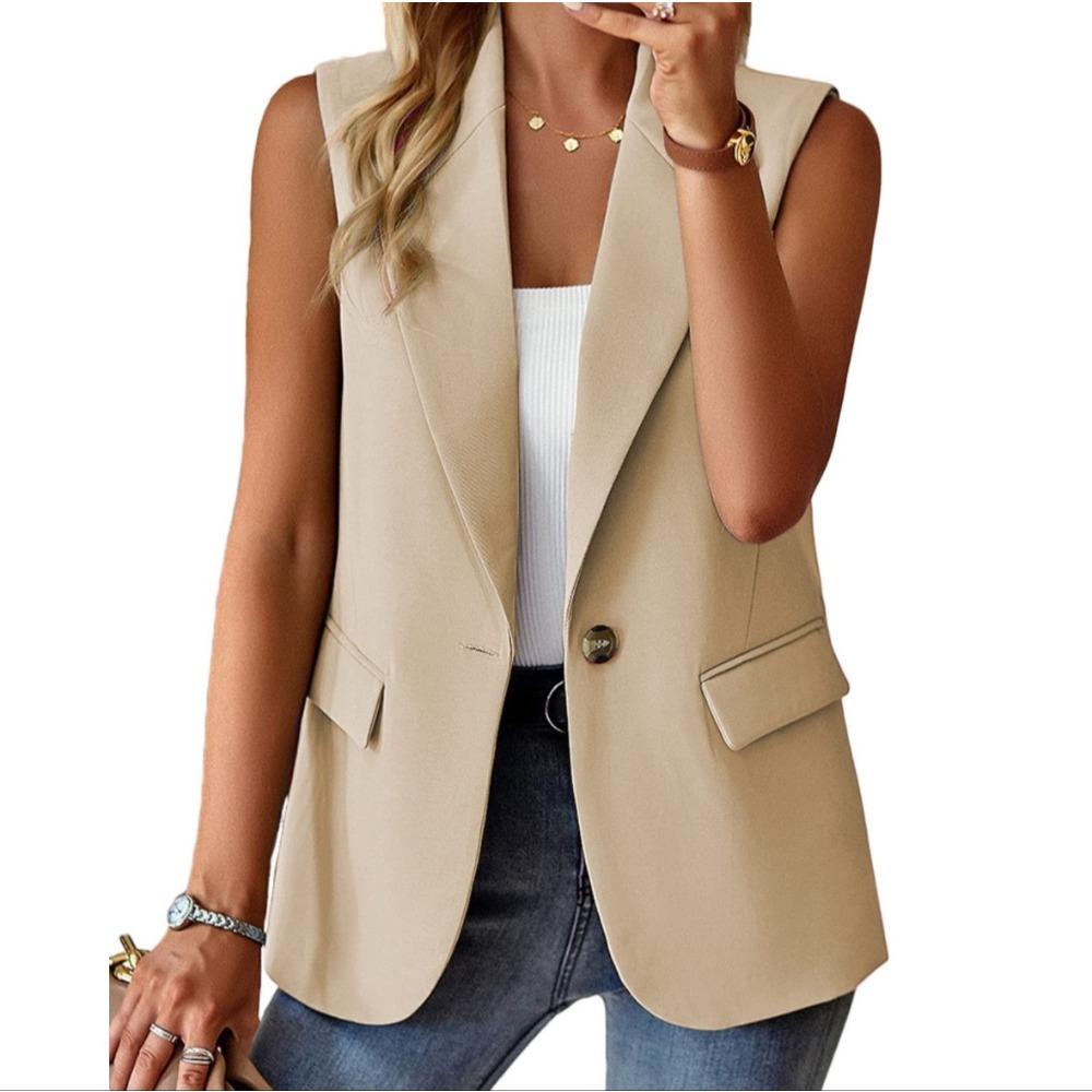 Damen Blazer Ärmellos mit Revers Kragen Schmale Passform Elegant Polyester Weste Ein Knopf Einfarbig Büro Oberteil