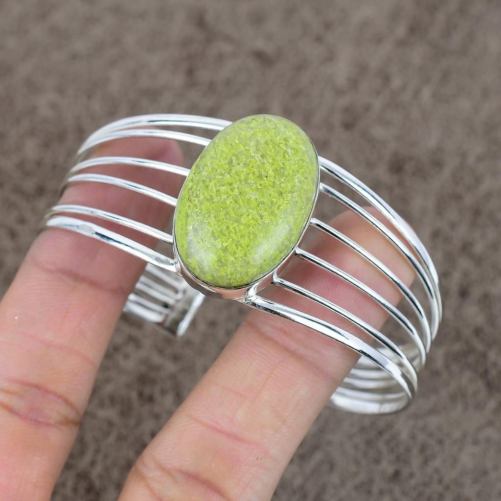 Swiss Green Opal Gemstone 925 Sterling Silver Cuff Bangle Adjustable KKG-218