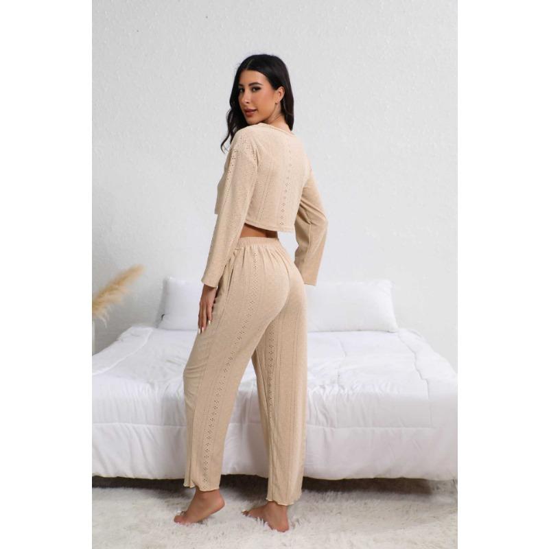 Spring Autumn Solid Color Simple Fashion Long Sleeve Crop Top Loose Casual Elastic Waist Pants Suit Women Set