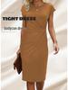 Women's Casual Bodycon Midi Dress with Front Knot and Round Neck