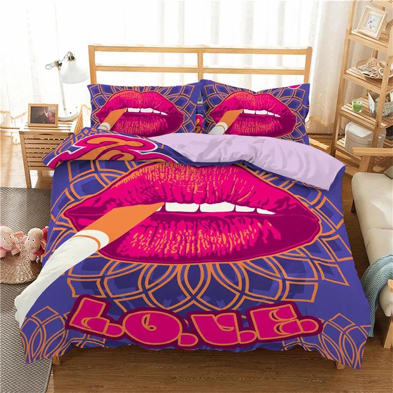 Housse de couette impression 3D Taille King Ensemble de literie Amour Motif Baisers Lèvres Housse de couette Décoratif Pour Femmes Filles Amoureux