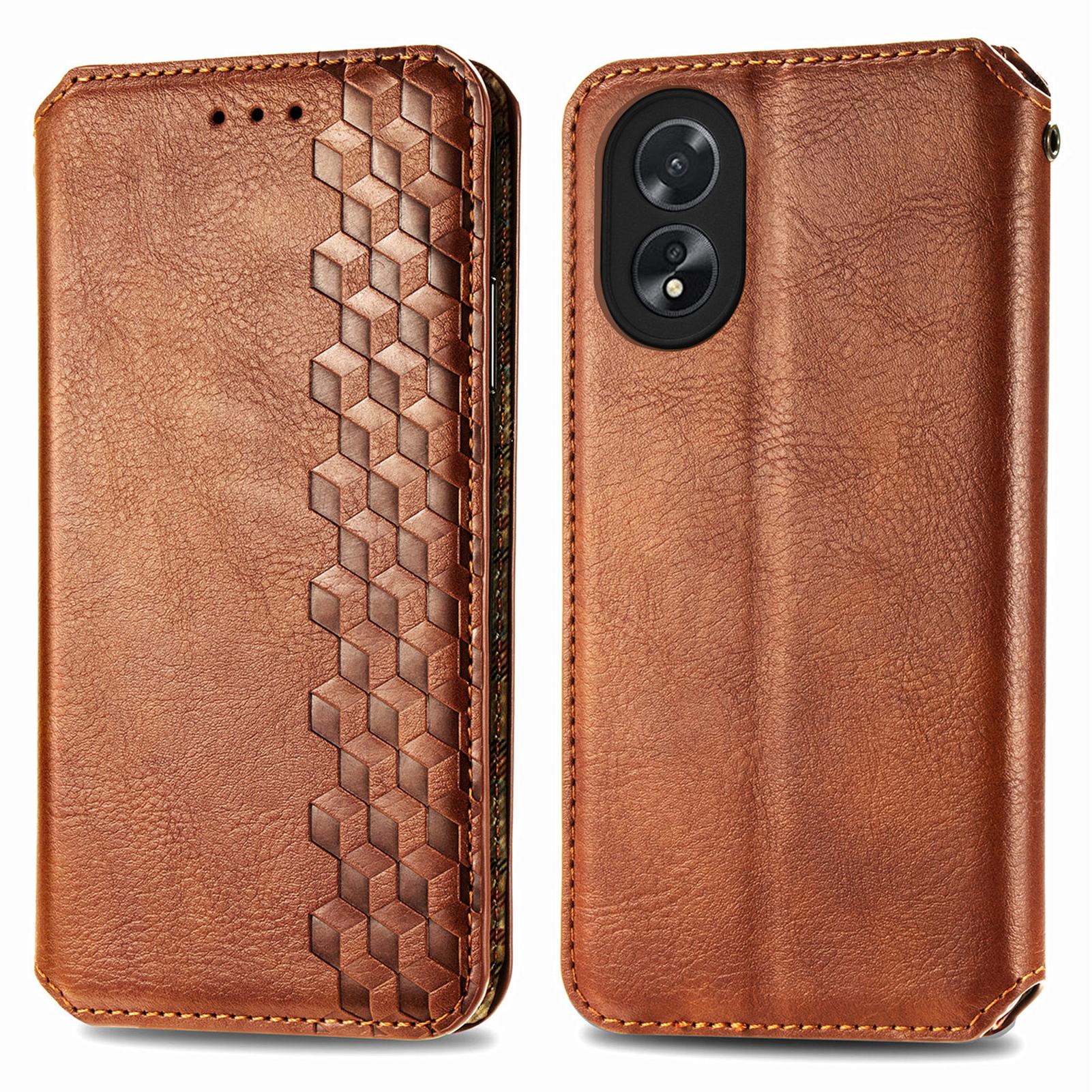 

For Oppo A38 4G/A18 4G PU Leather Case Rhombus Imprint Wallet Stand Phone Cover Brown