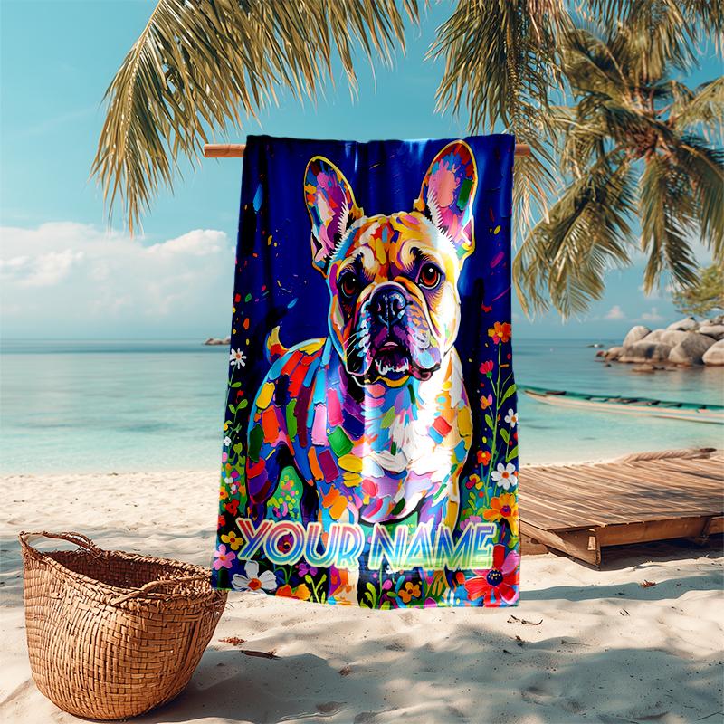 1PC Custom Name Colorful French Bulldog Art Beach Towel Highly Absorbent And Sand-Resistant Towel for Swimming, Pool, Yoga, And Travel Lightweight