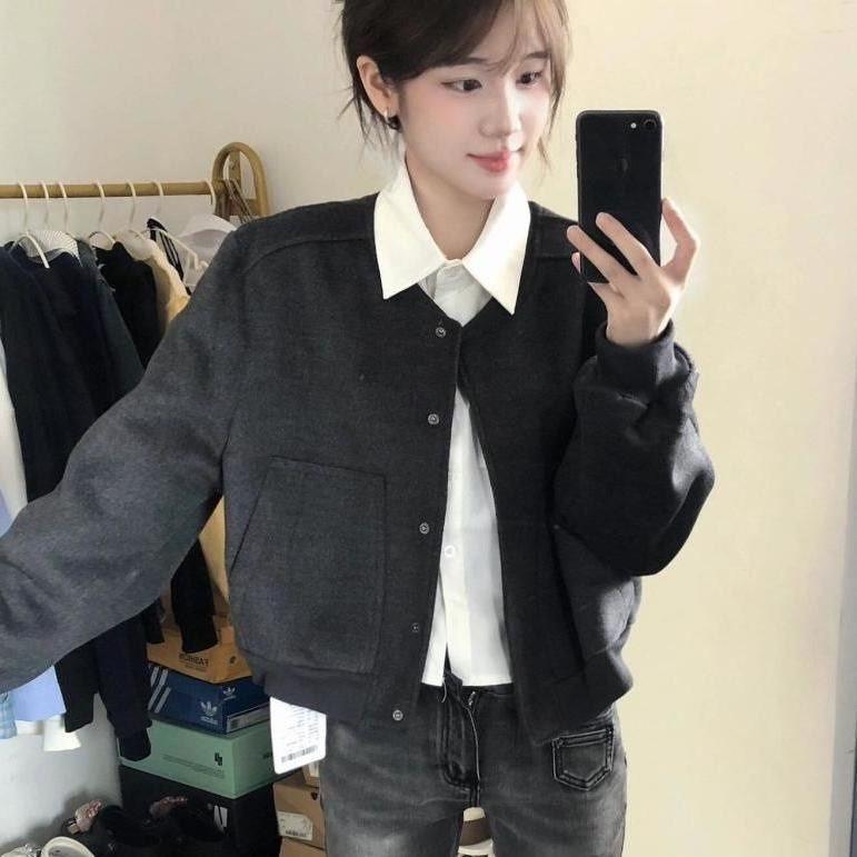 Women's New American Retro Gray Short Baseball Jacket - Loose Casual Spring & Autumn Top