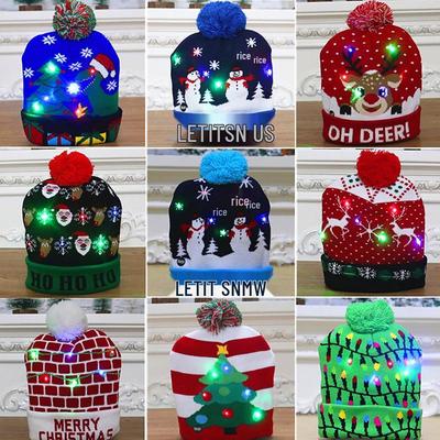 LED Light-up Christmas Hat with Cartoon Design for Kids & Adults – Warm Knitted Hat