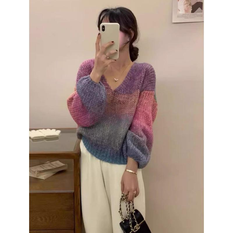 

Осенняя новая корейская мода градиентный радужный цвет пуловер свитер с V-образным вырезом свободный длинный рукав вязаный свитер топ повседневная элегантная женская одежда 2149 One Size фиолетовый