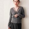 Women's V-Neck Cashmere Cardigan with Lace Trim - Short Knit Sweater Coat for Autumn/Winter