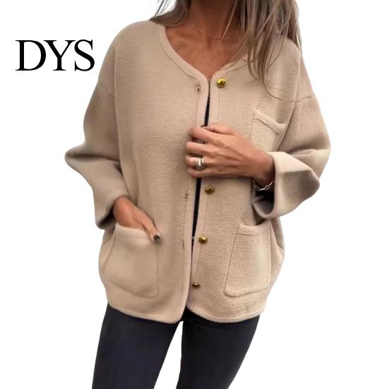Round Neck Women Jacket Winter Single-breasted Cardigan Long Sleeves Outerwear with Pockets Warm Heat Retention OL Commuting Coat