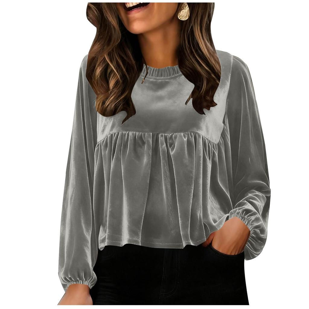 Women Loose Crewneck Babydoll  Long Sleeve Elegant Sleeve Velvet Blouse
