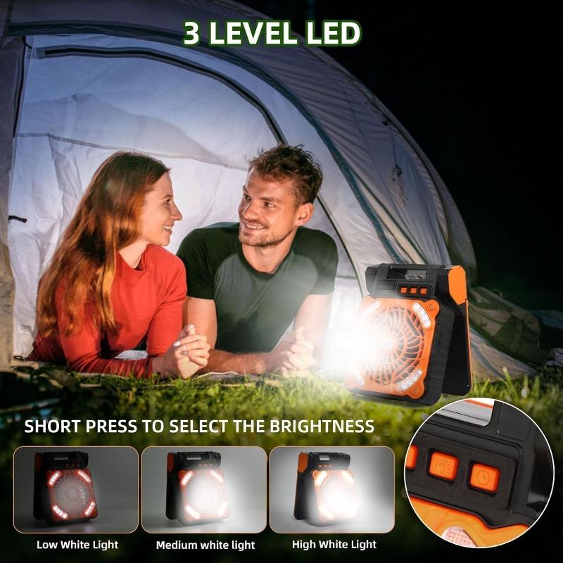 Solar Powered Fan for Camping Portable Rechargeable for Gazebo with LED Light & Timer 4 Speed Cordless Battery Powered for Outdoor Stay Cooling Orange