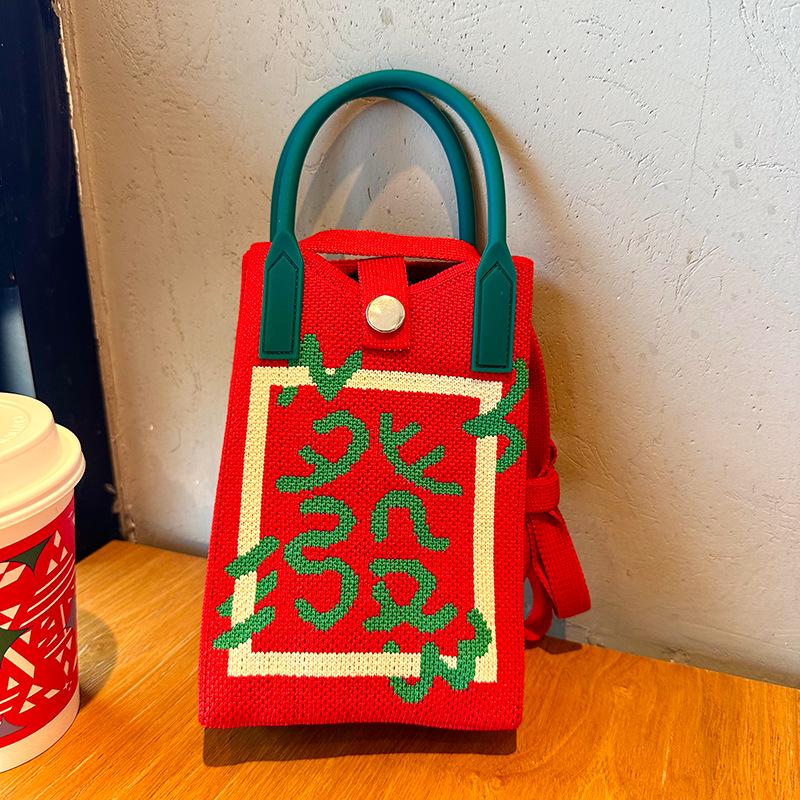 Red Auspicious Knitted Women's Tote Bag: Versatile Large Capacity Wedding Favor Series