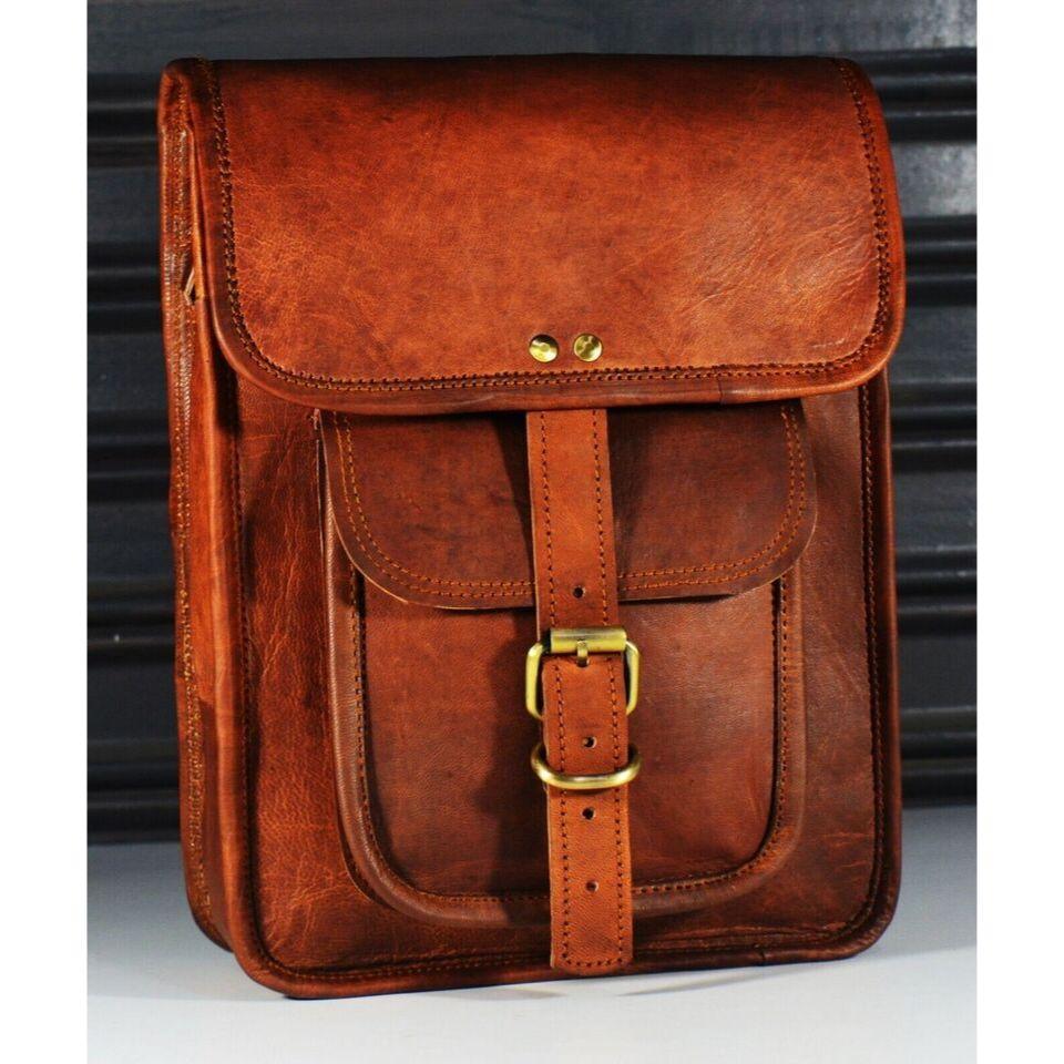 Mens Leather Messenger Crossbody Brown I-pad Bag Genuine Goat Leather Satchel