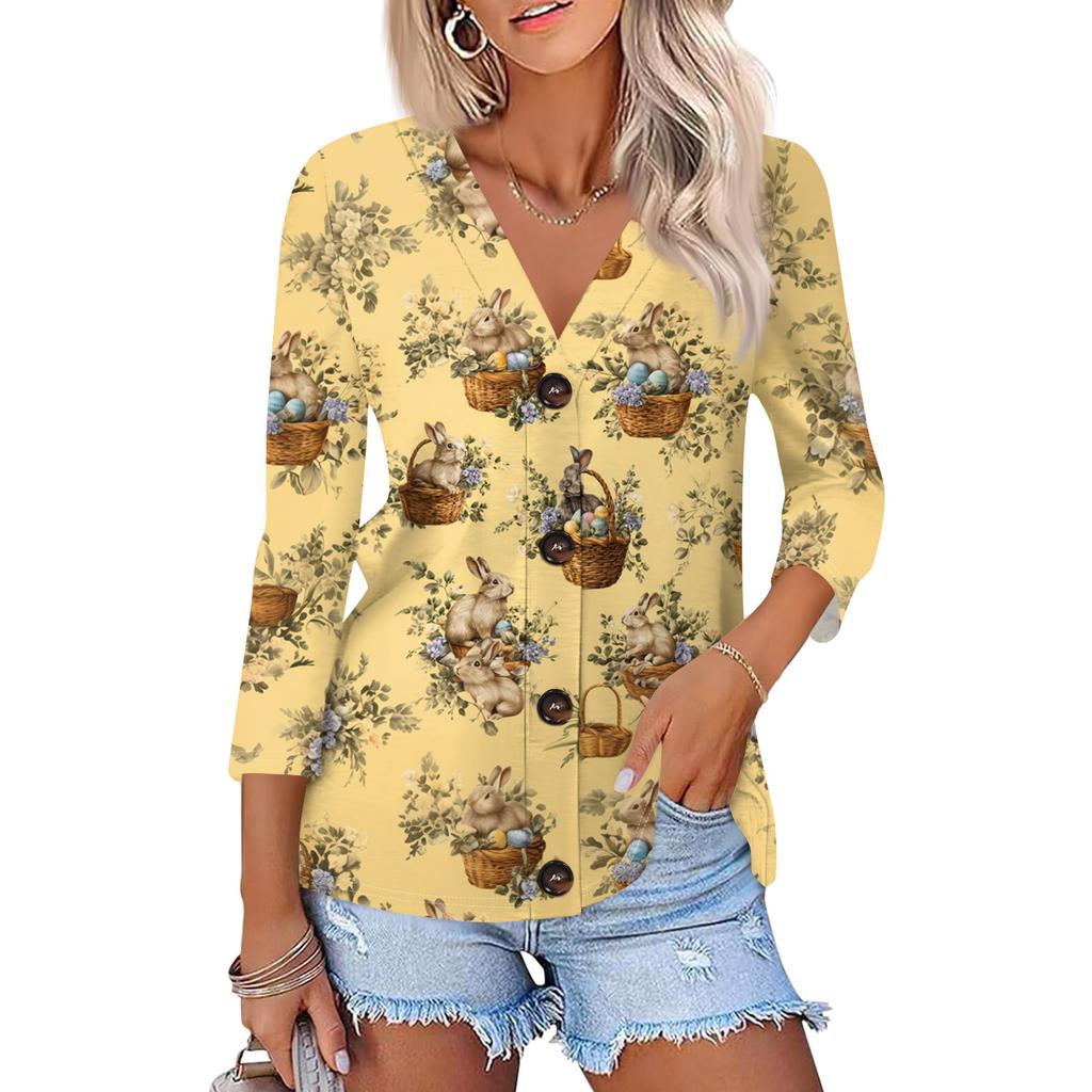 Women's Fashion Casual Print Button-down Shirt 3/4  Sleeve Tops