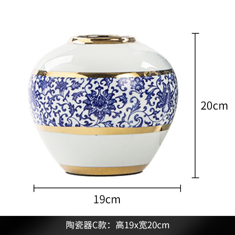 Blue and White Ceramic Countertop Vase Dried Flower Flower Arrangement Golden Stroke Ceramic Vase Living Room Decoration Modern