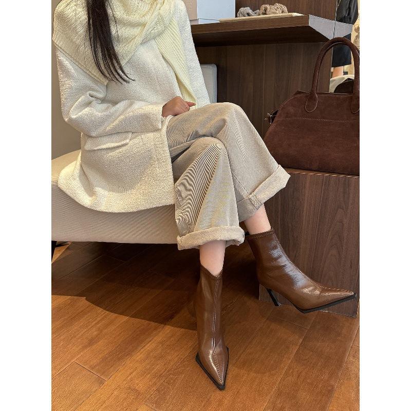 Maillard! Brown Pointed High-heeled Short Boots Women's Autumn and Winter New Retro Versatile Stiletto Boots