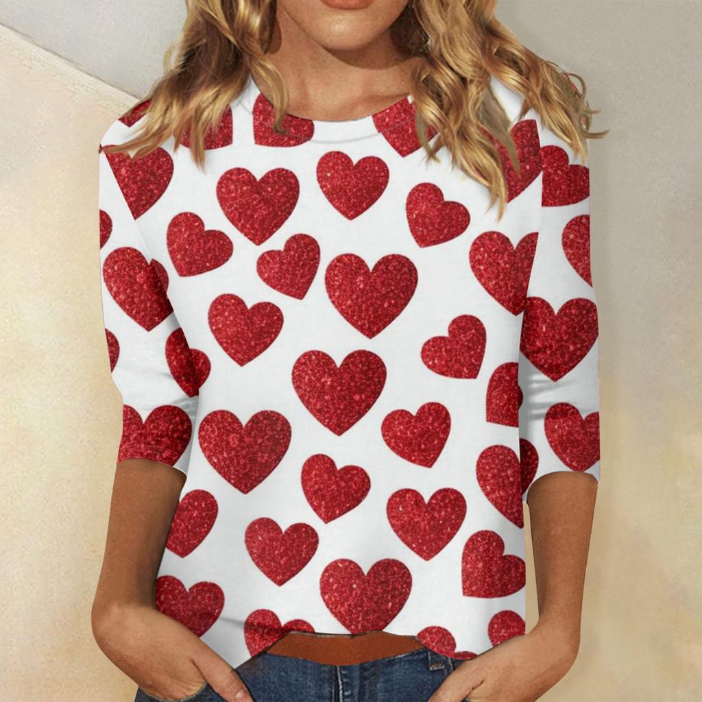 Damen Valentinstag Print Mode Lässig 3/4 Ärmel Rundhals Oberteil