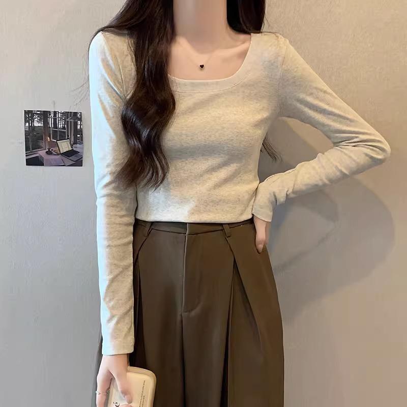 Tricou retro cu decolteu jos, pe umărul drept, cu mâneci lungi pentru femei la începutul toamnei, design nou, cu talie înaltă, slim, scurt, top cu strat interior