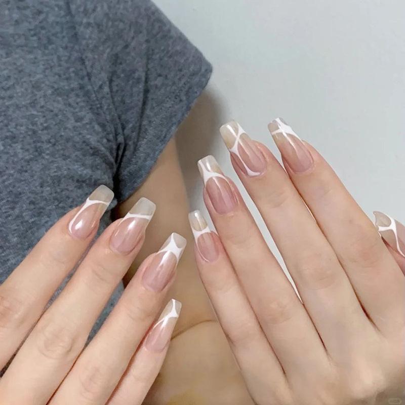 

White Moonlight Wearable Nail Patches - Long Irregular Line Ballerina Tips
