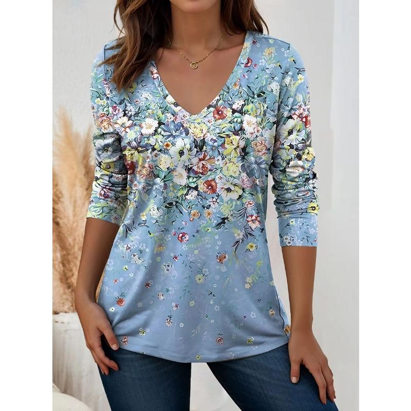 Women's T-Shirts Floral Graphic Plants Elegant Trendy Tees V-Neck Long Sleeve T-shirts Regular Tops Women's Pullover Fall Winter