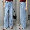 Korean Fashion Spring Summer Women Light Blue Wide Leg Jeans High Waist Bow Sweet Loose Jeans Casual Ladies' Basic Denim Trousers