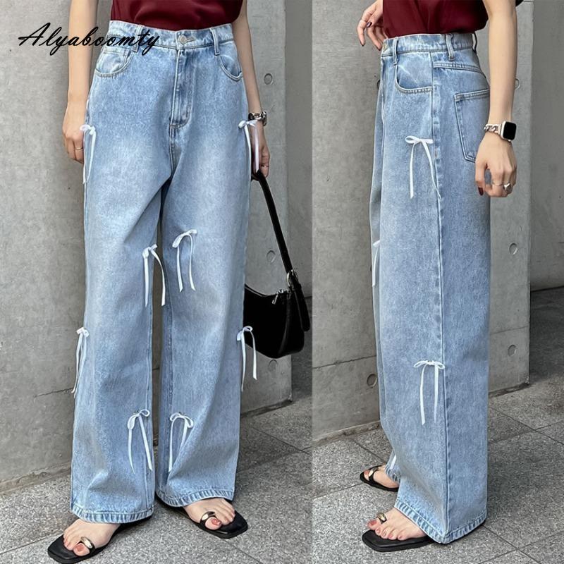 Korean Fashion Spring Summer Women Light Blue Wide Leg Jeans High Waist Bow Sweet Loose Jeans Casual Ladies' Basic Denim Trousers