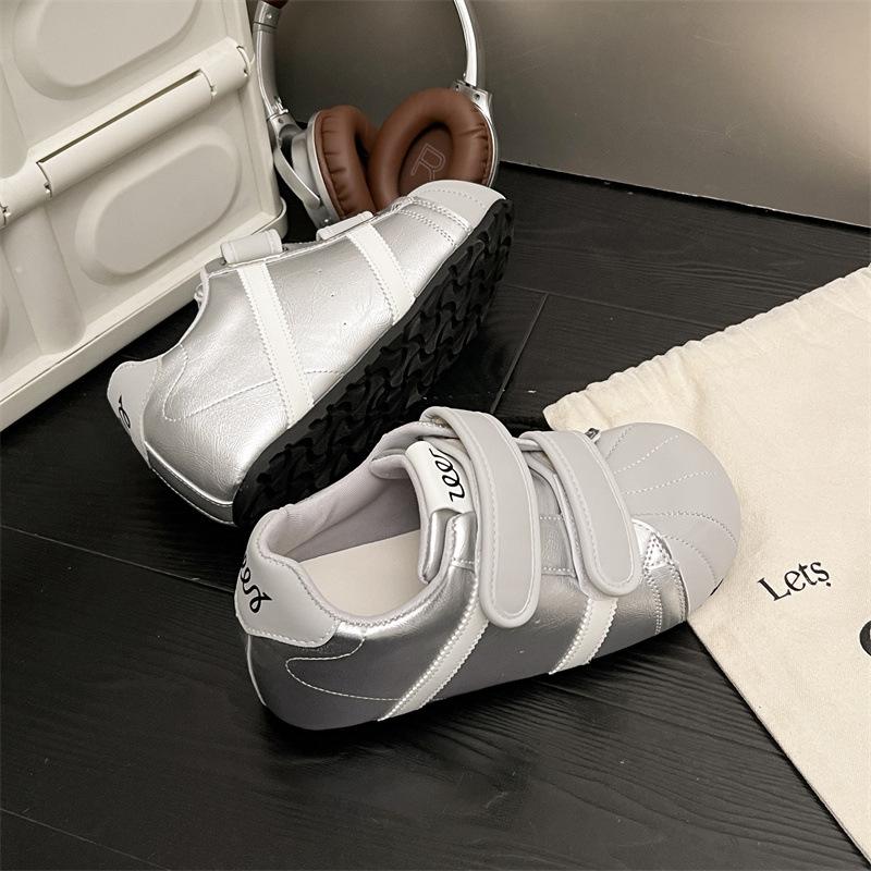 Silver Retro Velcro Flat Bottom Inner Height Increase German Training Shoes Women's 2025 New Summer Soft-soled Casual Board Shoes