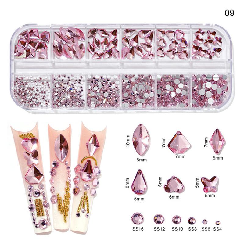 12Gird Box Multi Size AB/Colorful Hotfix Rhinestones Flatback Crystal Diamond Gems 3D Glitter Nail Art Luxurious Decorations