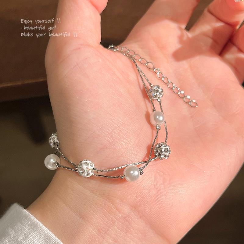 Korean Double-Layered Pearl Bracelet with Starry Sky and Diamond Beads - Same Style as Internet Celebrity Bracelet