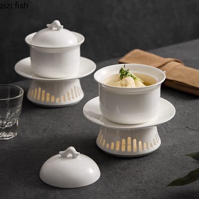 Reinweiße Keramikschale mit Heizofen-Set Kreative Dessertschale Suppenschale Schalen für gedämpfte Eier Restaurant Molekulares Geschirr