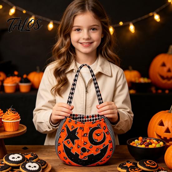 Kids Pumpkin Goodie Bags Halloween Trick‑or‑Treat Tote Bag, Ghost Face Candy Handbag, Party Favor Holders Reusable Bag for Costume Accessory