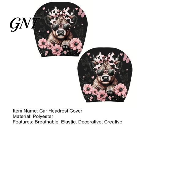 Skin Friendly Car Seat Decor 2Pcs Cute Calf Headrest Covers with Pink Flowers, Breathable Auto Durable Accessories Protectors, Stretchy Universal