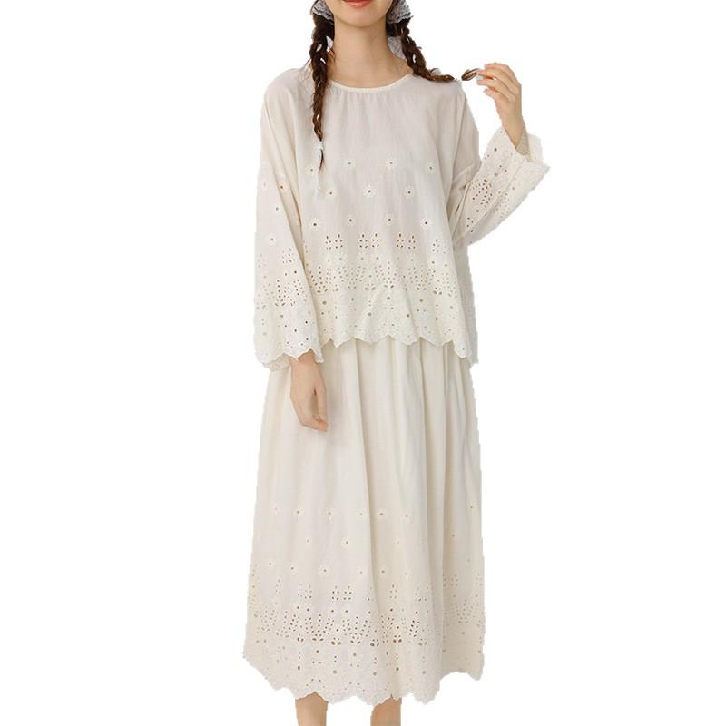 Japanese Literary Embroidered Lace Long Sleeve T-shirt & Skirt Set - Women's Pure Cotton Casual Fashion