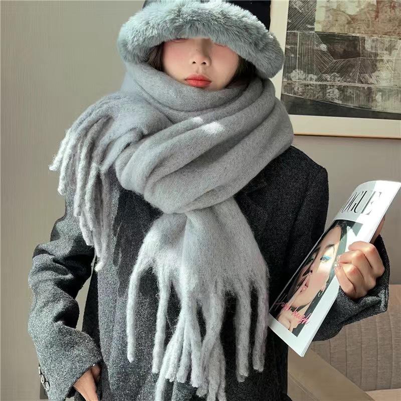 New Mohair Women Scarf Female Winter Warm Thickened Solid Color Long Scarves Soft Coarse Braid Tassel Shawl Viscose Wrap Shawls