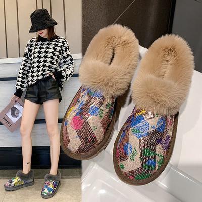 Sequins Women's Snow Boots Fur Warm Winter Shoes Women Ankle Boots Slip On Ladies Booties Round Toe Female Flats Cotton Shoes