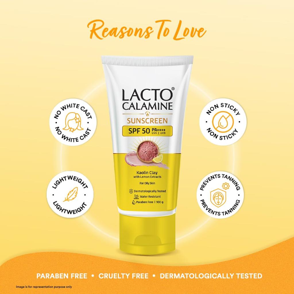 Lacto Calamine Sunscreen SPF 50 PA+++ For Oily Skin Matte Finish Water Resistant No White Cast UV Protection 100 g