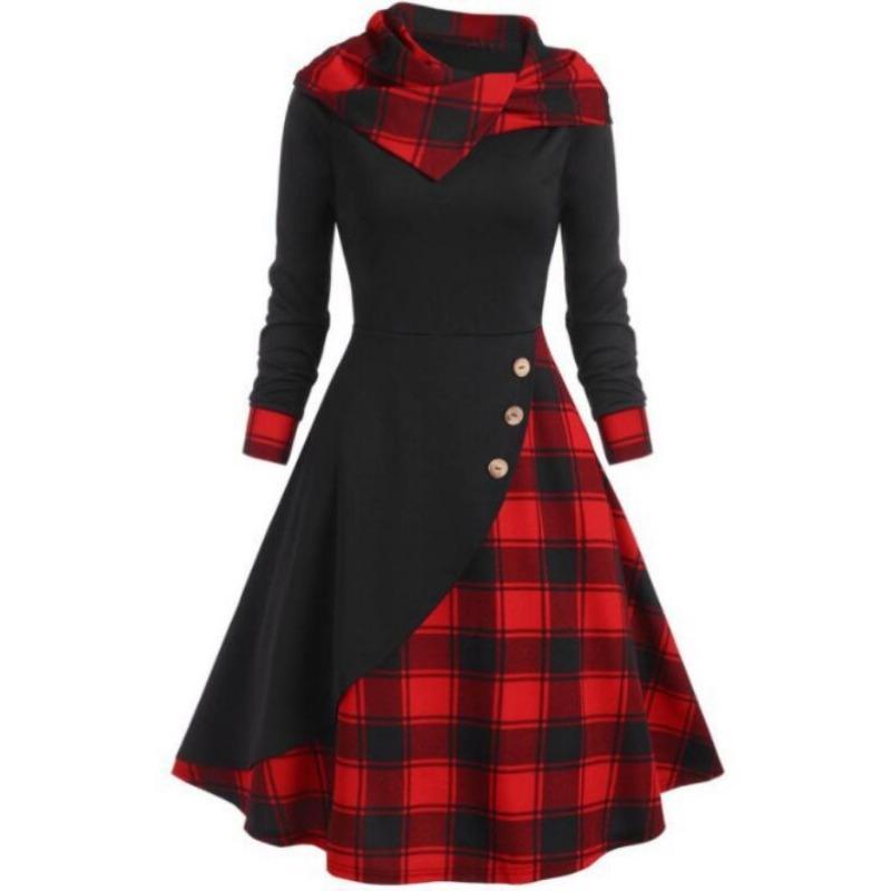 Damen Karo Patchwork Kapuzen-Stehkragen Langarm Midi A-Linien Kleid