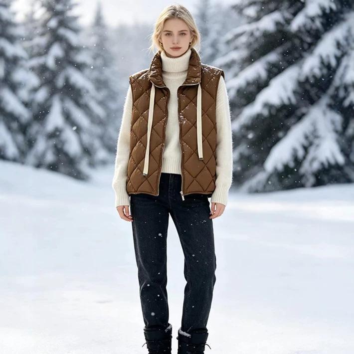 European rhombus down vest women's autumn and winter new stand-up collar vest outer wear European version thermal vest