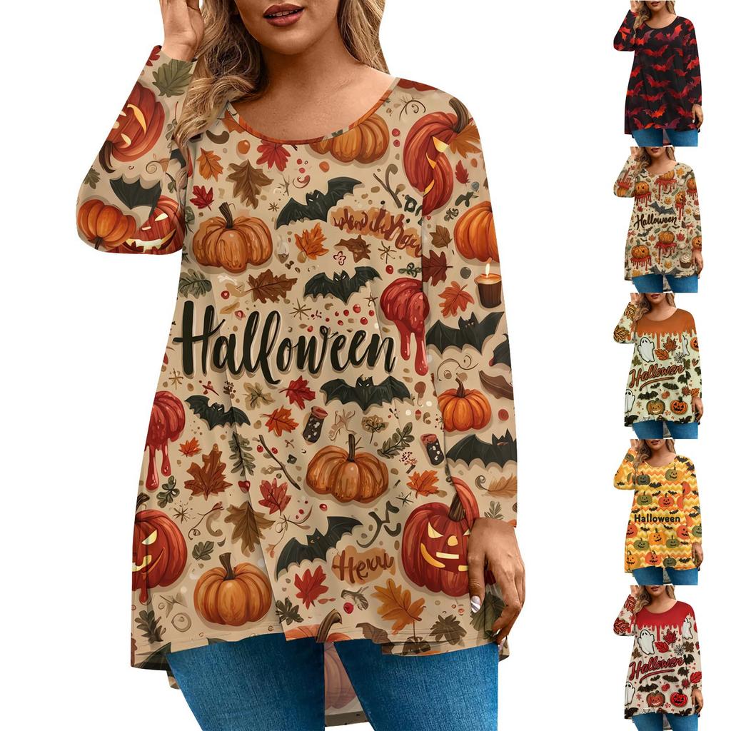 Women's Fashion Large Size Round Neck Long Sleeve Casual Halloween Print Loose Pullover Top