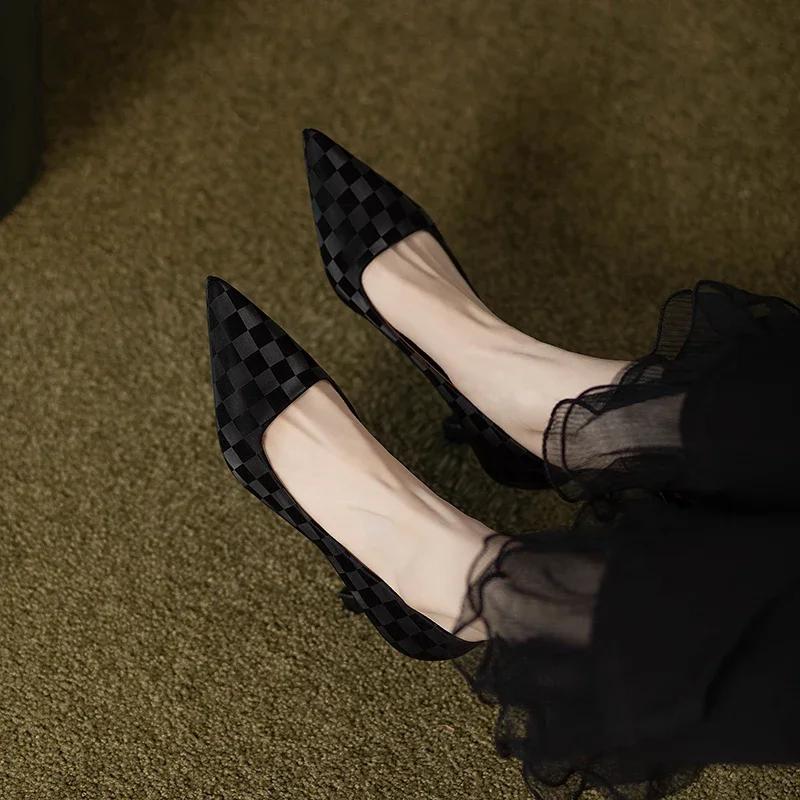 New Designer Woman Shoes Thin High Heels Luxury Women's Shoes Leather Pointed Toe Pumps Fashion Checkered Sexy Party Ladies Shoe