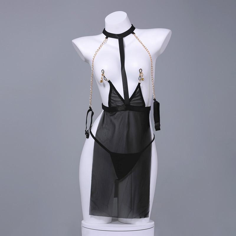 Erotic lingerie sexy mesh see-through uniform temptation leaking breasts passion stripless SM battle robe girl on the bed